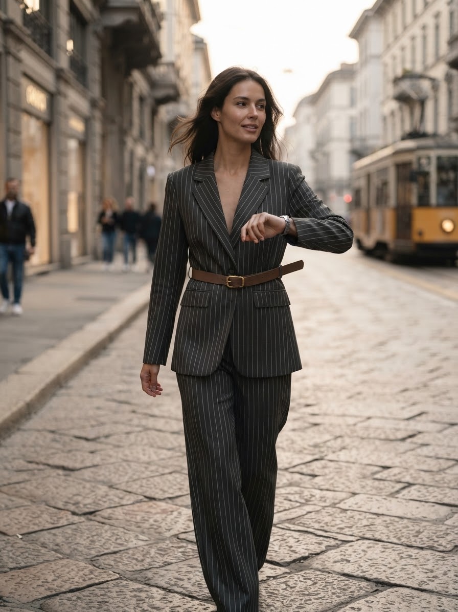 Tailleur gessato con cintura removibile